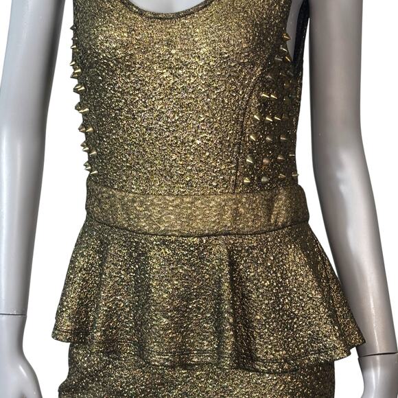 VTG Y2K A'gaci Metallic Gold Studded Peplum Mini Dress Size S Punk Rock Glam - Picture 4 of 8